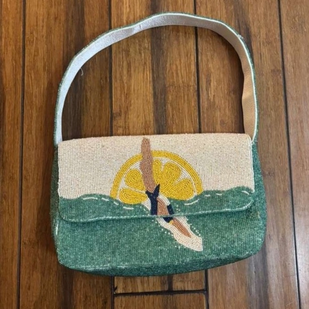 T.J.Maxx Green and Cream Beaded Lemon Applique Shoulder Bag